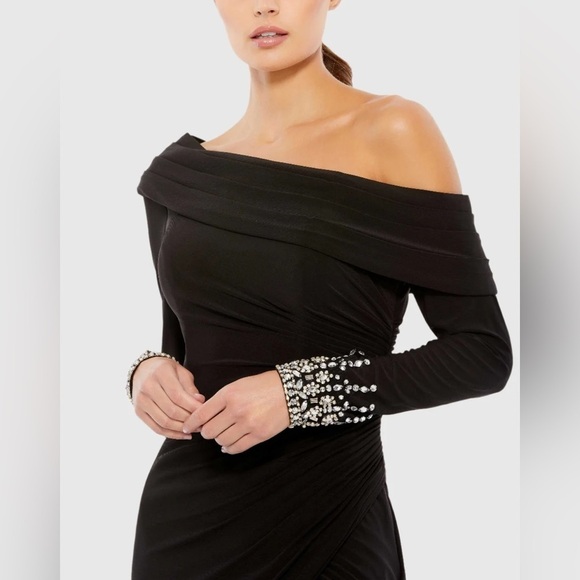 Mac Duggal 26485 NWT FOLDOVER LONG SLEEVE JEWELED MIDI DRESS - Picture 3 of 10